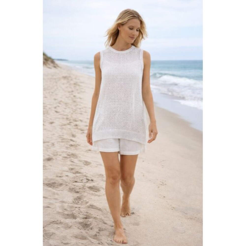 EILEEN FISHER Sweater XS TP Organic Linen Tunic Open Knit Tank Sleeveless White